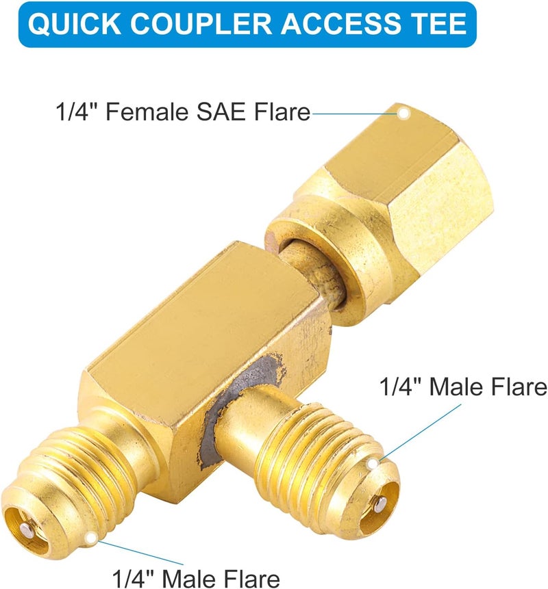 Tigbear Quick Coupler Access Tee, 1/4'' Valves Core Quick Coupler Tee Adapter with Swivel Connector for Gauge Deep Vacuum Pump Manifold 2PC - Image 3